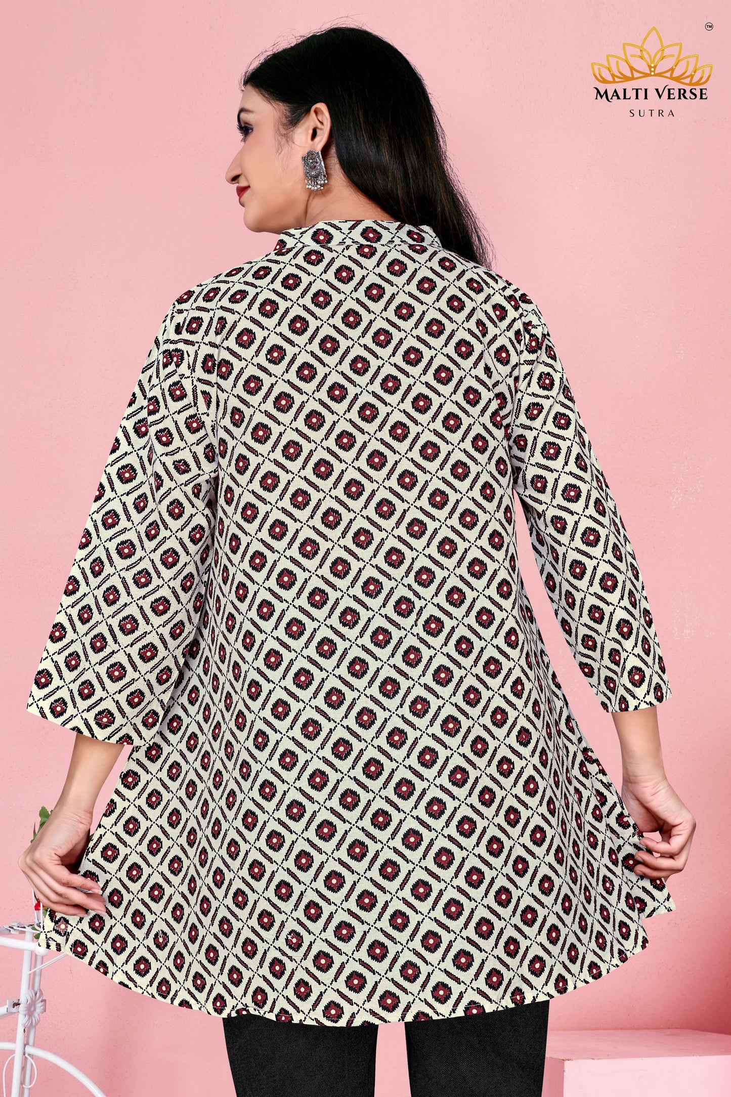 Malti Verse Sutra Women’s Premium Pure Cotton Printed Kurti | Cream & Maroon Geometric Elegance | Stylish & Comfortable Daily Wear