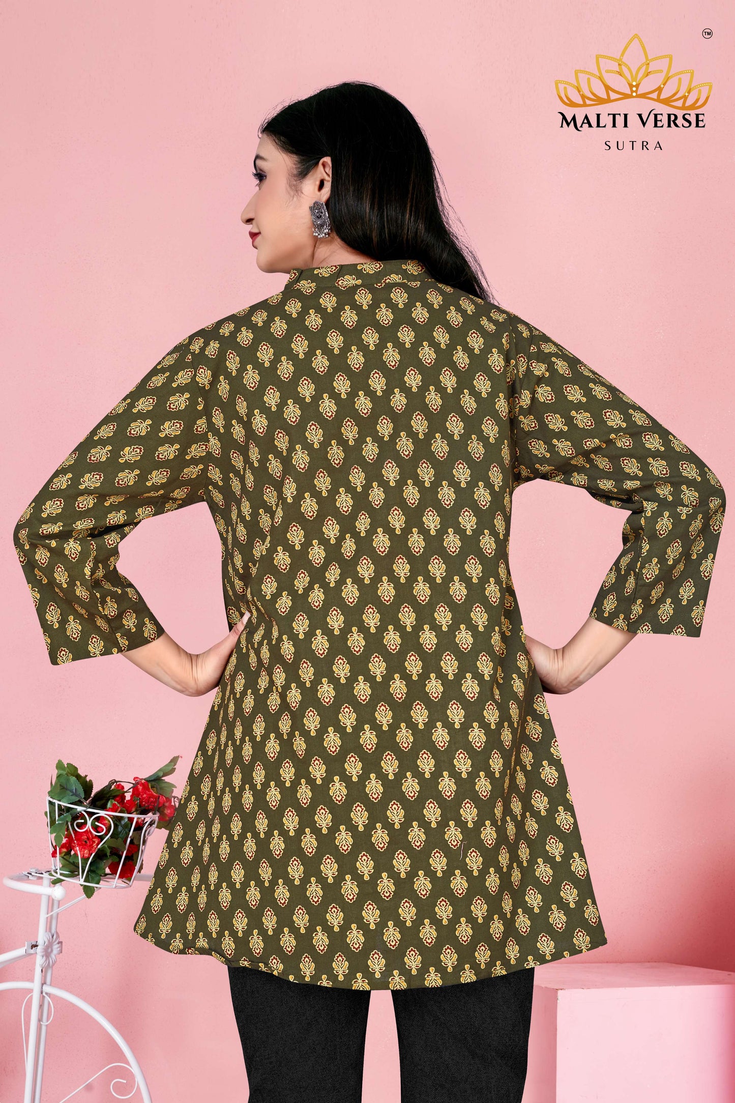 Malti Verse Sutra Women’s Premium 100% PURE COTTON Printed Kurti | Olive Green Floral Elegance | Soft, Stylish & Breathable Daily Wear