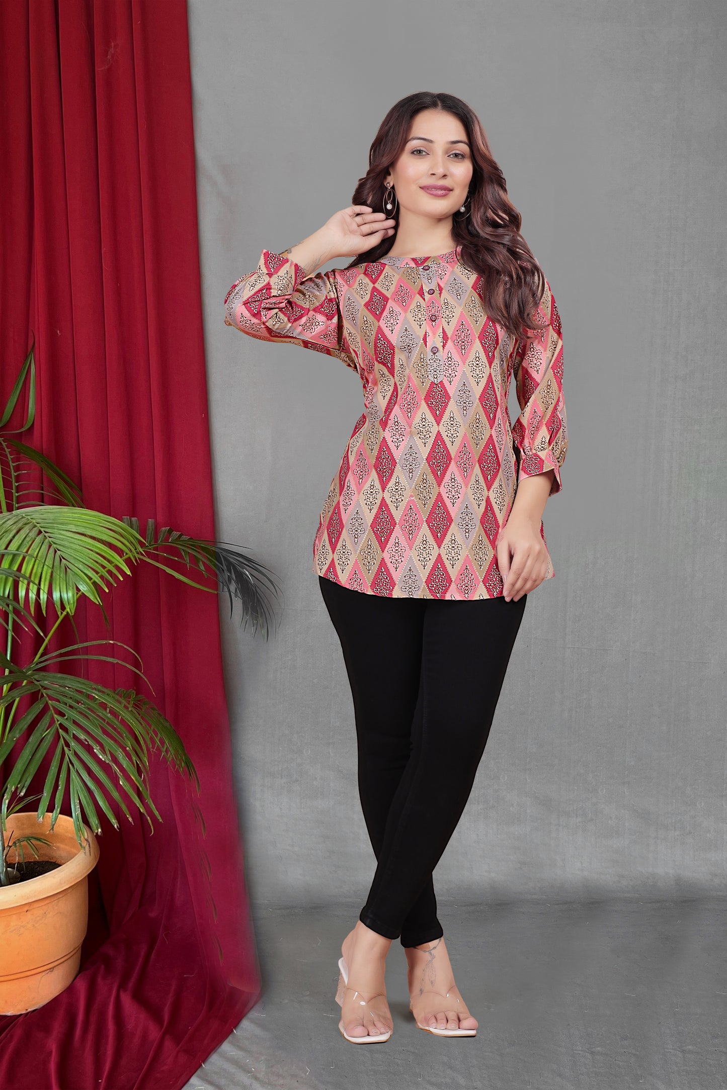 Pink Geometric Print Buttoned Tunic Top