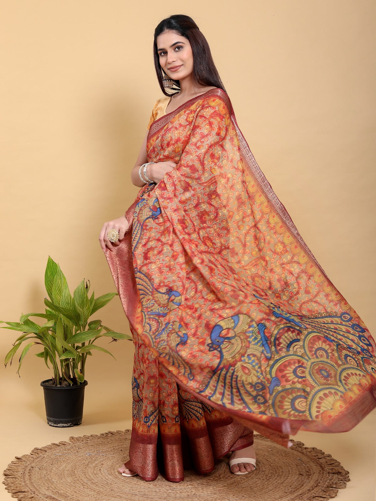 Traditional Printed Saree with Peacock Motif and Heavy Zari Border
