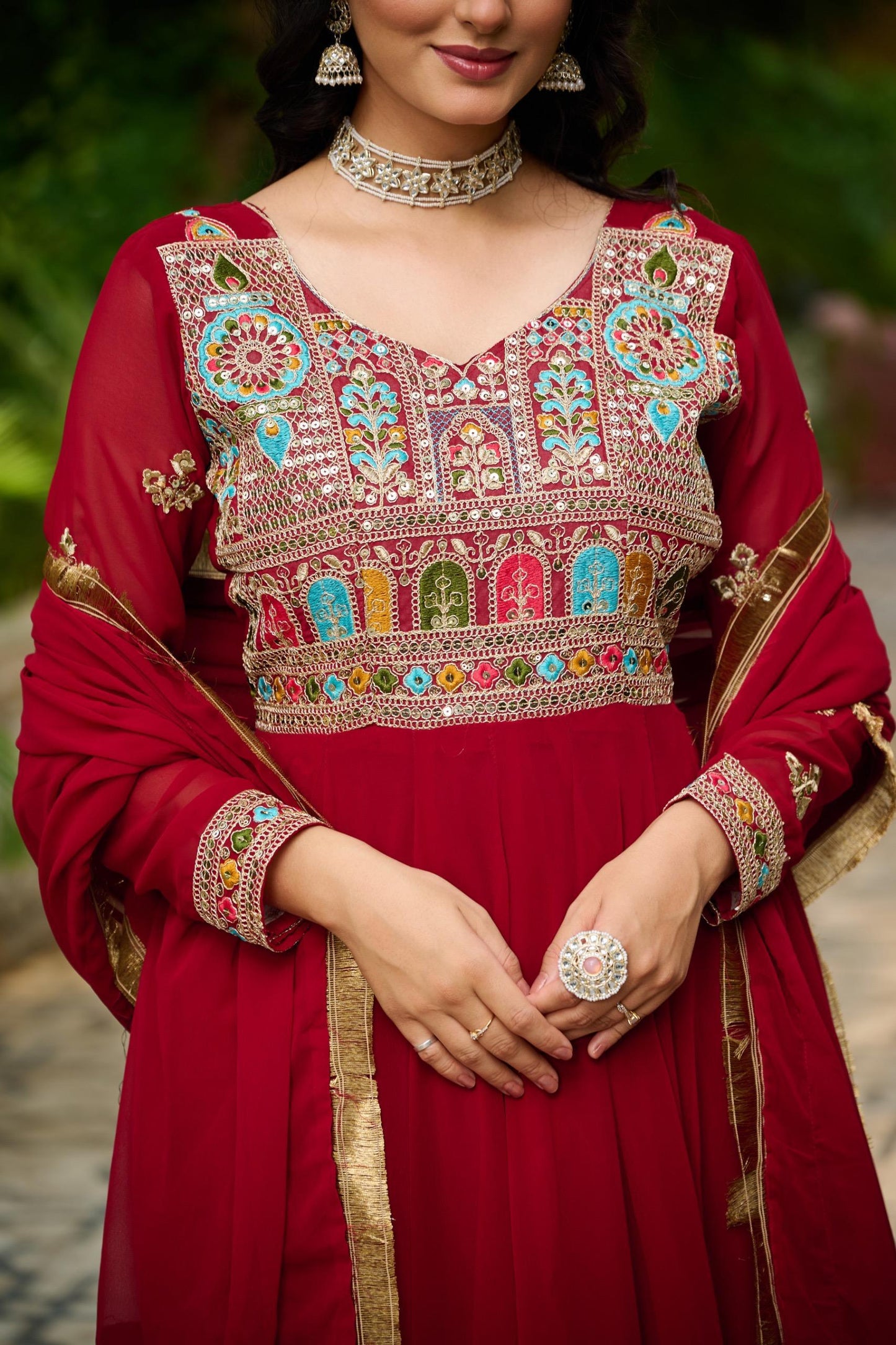 Majestic Red Anarkali Gown with Heavy Embroidered Yoke
