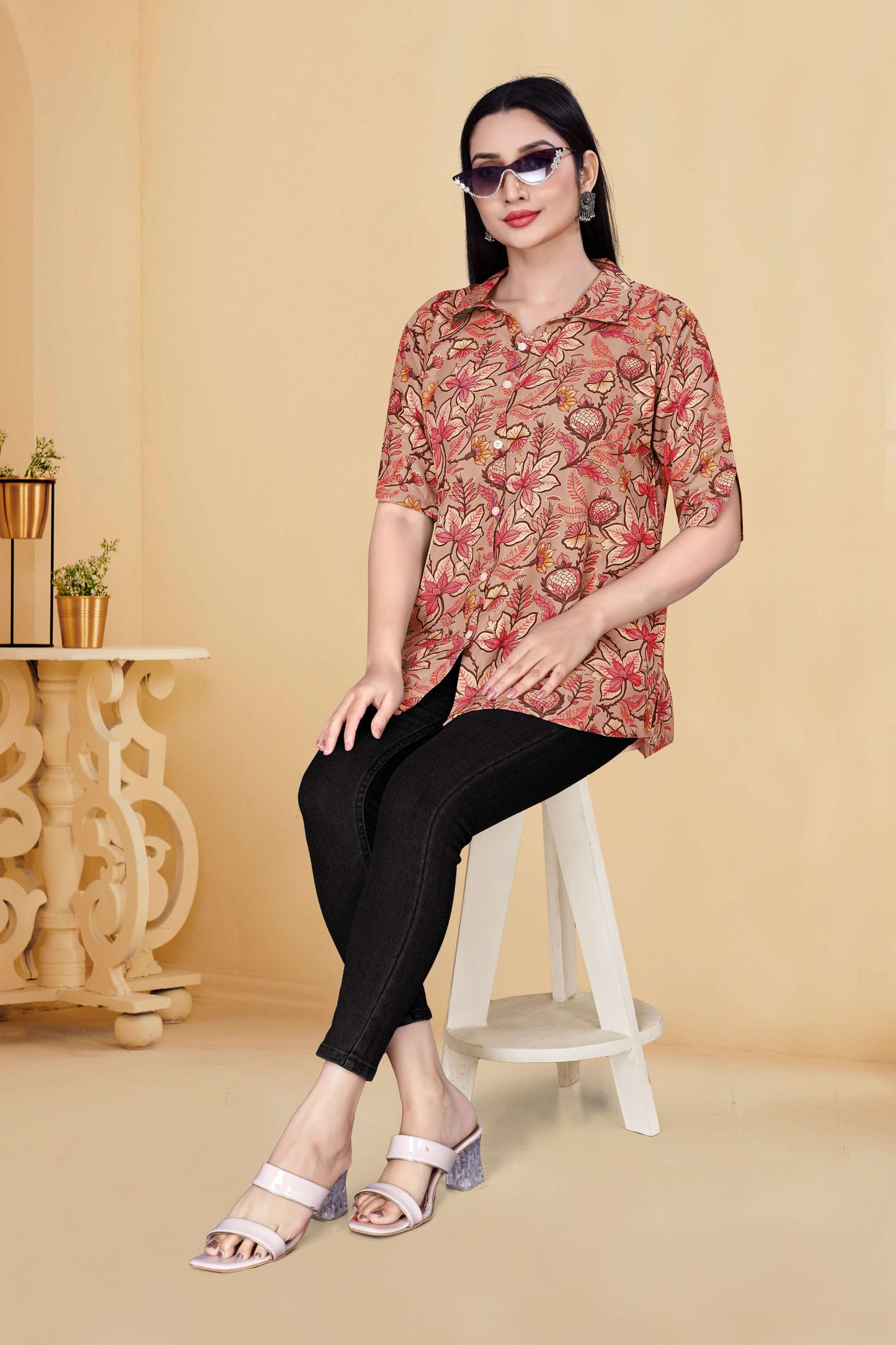 Floral Print Collared Button-Down Cotton Tunic for Women – Casual & Chic