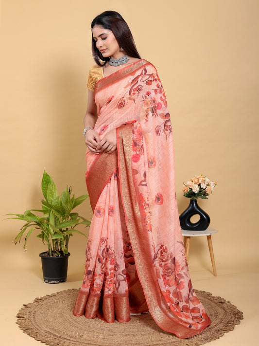 Peach/Orange Floral Printed Saree with Zari Borde