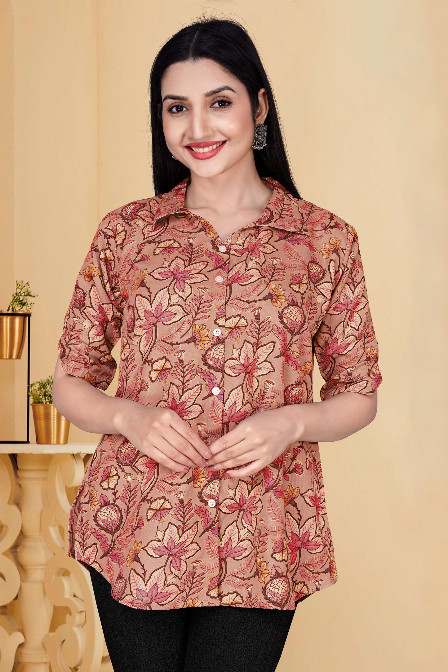 Floral Print Collared Button-Down Cotton Tunic for Women – Casual & Chic