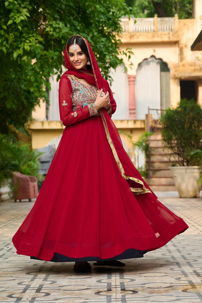 Majestic Red Anarkali Gown with Heavy Embroidered Yoke