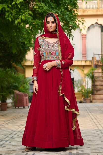 Majestic Red Anarkali Gown with Heavy Embroidered Yoke