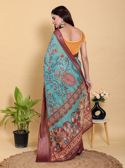 Teal Blue Printed Saree with Traditional Motifs and Zari Border