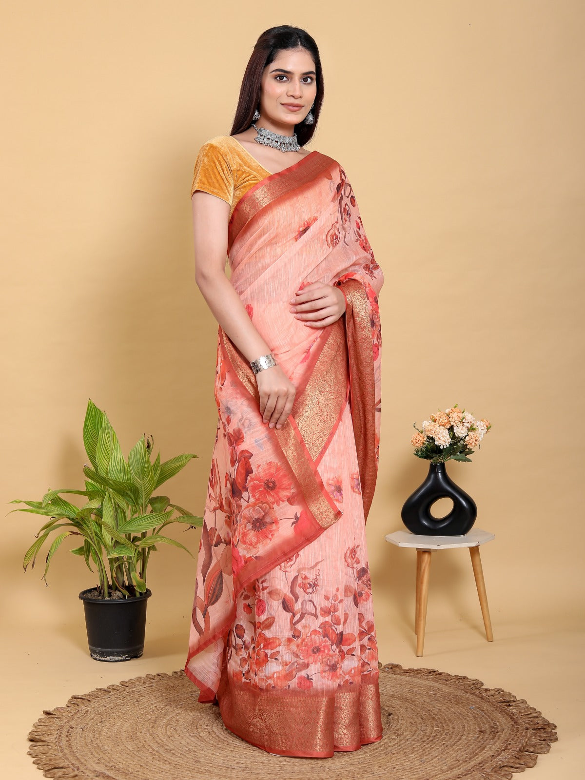 Peach/Orange Floral Printed Saree with Zari Borde