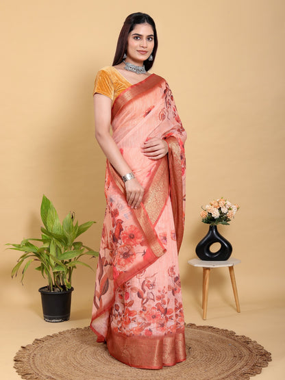 Peach/Orange Floral Printed Saree with Zari Borde