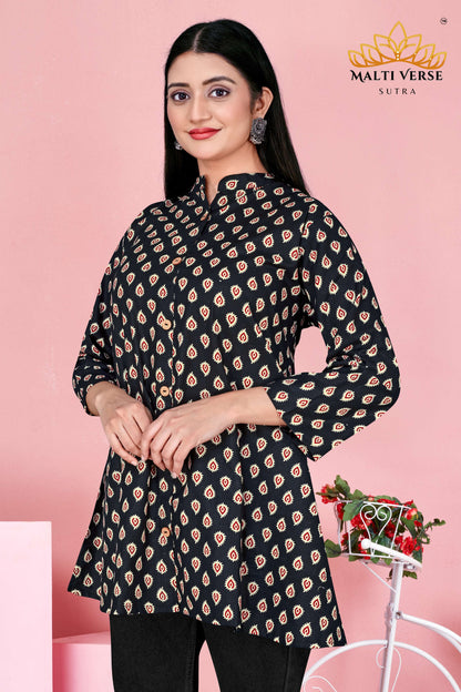 Malti Verse Sutra Women’s Premium Pure Cotton Printed Kurti | Black & Beige Ikat-Inspired Design | Elegant & Comfortable Daily Wear