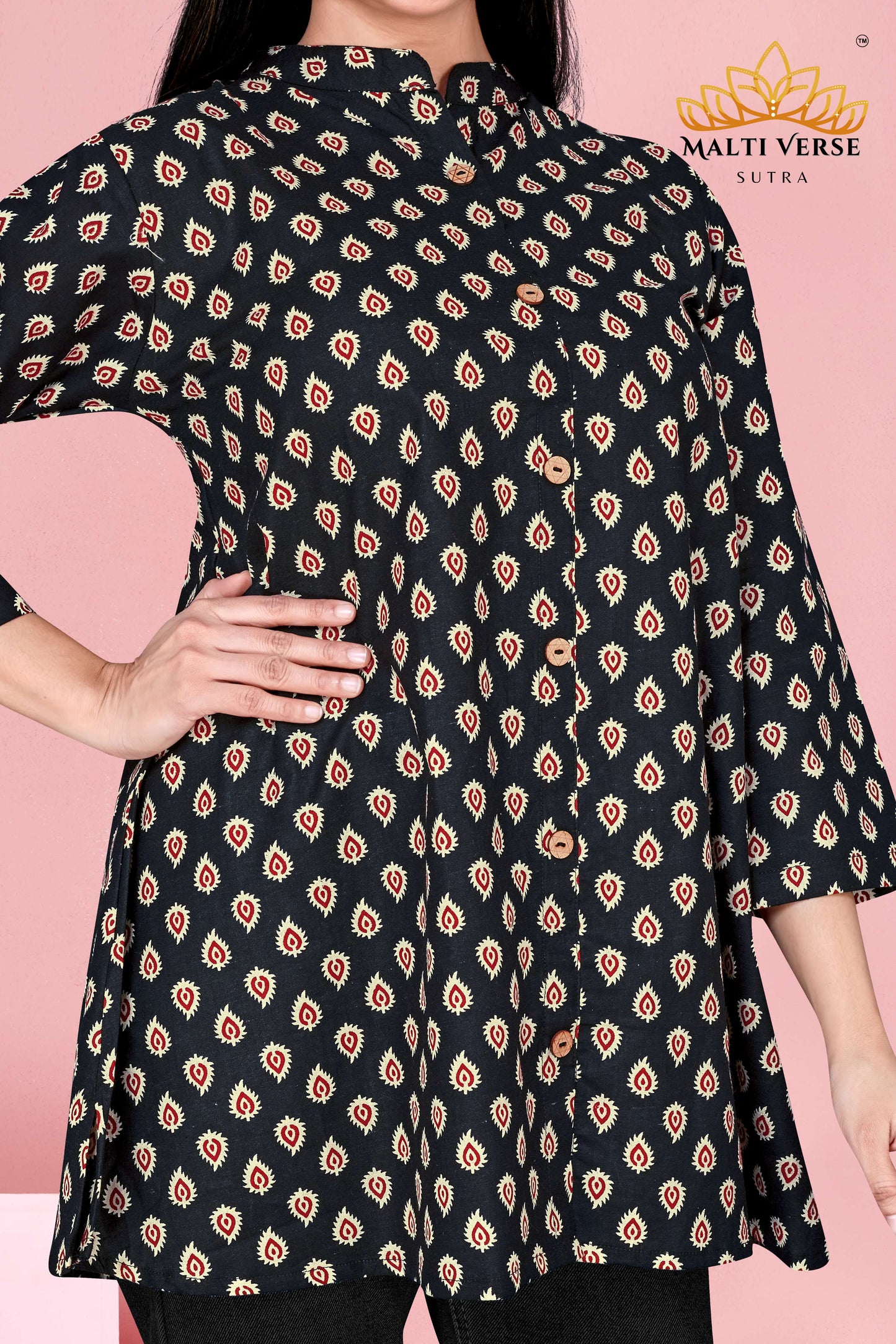 Malti Verse Sutra Women’s Premium Pure Cotton Printed Kurti | Black & Beige Ikat-Inspired Design | Elegant & Comfortable Daily Wear