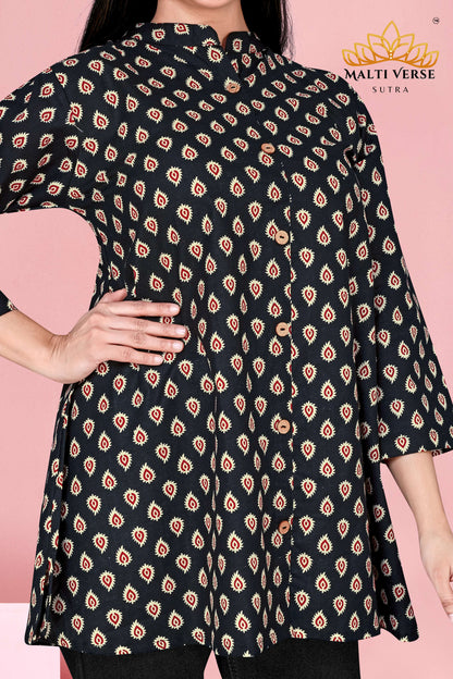 Malti Verse Sutra Women’s Premium Pure Cotton Printed Kurti | Black & Beige Ikat-Inspired Design | Elegant & Comfortable Daily Wear
