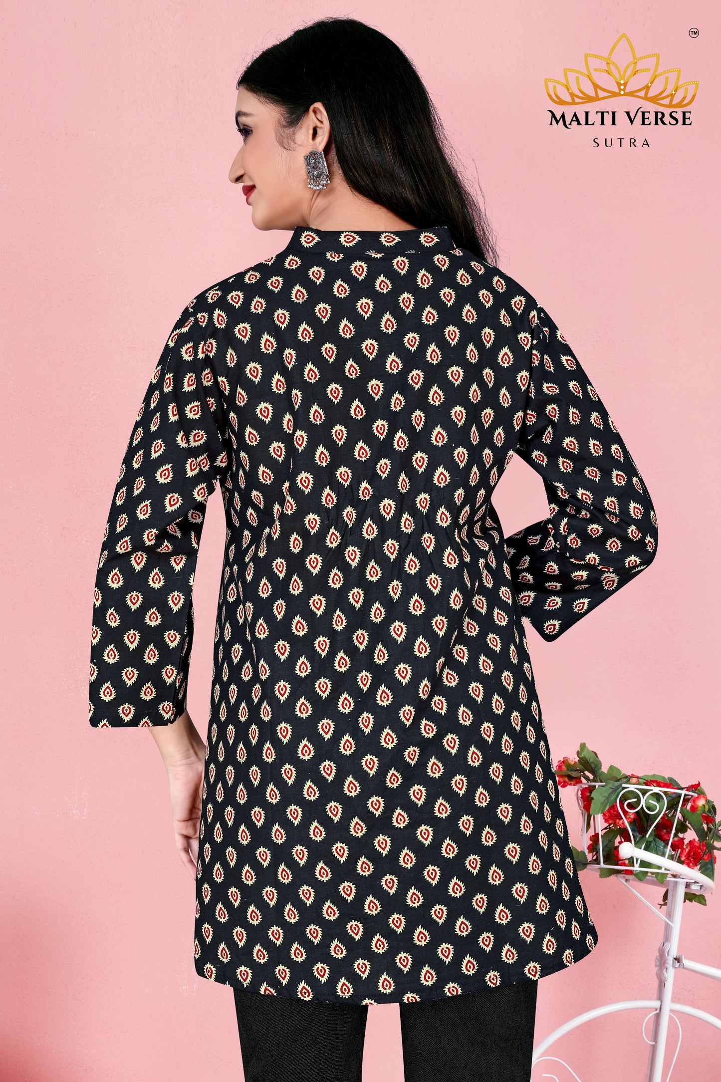 Malti Verse Sutra Women’s Premium Pure Cotton Printed Kurti | Black & Beige Ikat-Inspired Design | Elegant & Comfortable Daily Wear