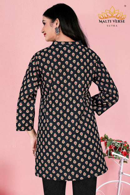 Malti Verse Sutra Women’s Premium Pure Cotton Printed Kurti | Black & Beige Ikat-Inspired Design | Elegant & Comfortable Daily Wear
