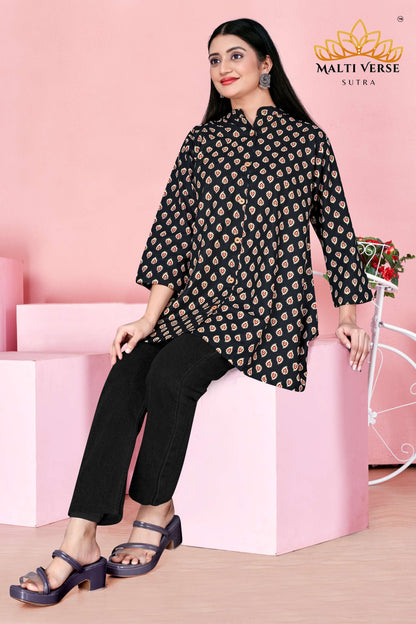 Malti Verse Sutra Women’s Premium Pure Cotton Printed Kurti | Black & Beige Ikat-Inspired Design | Elegant & Comfortable Daily Wear