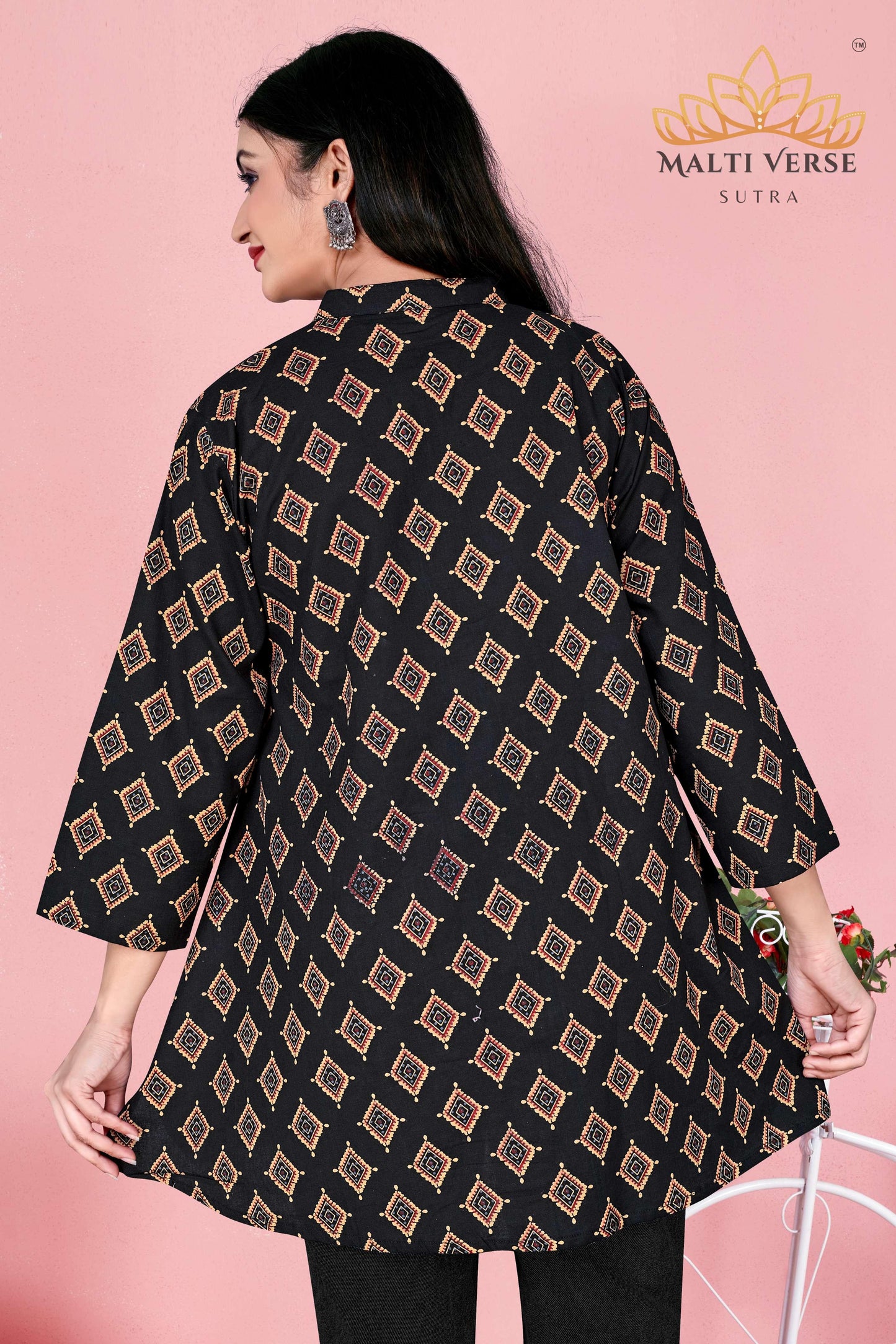 Malti Verse Sutra Women’s Premium Pure Cotton Printed Kurti | Black & Gold Geometric Elegance | Soft & Stylish Everyday Wear