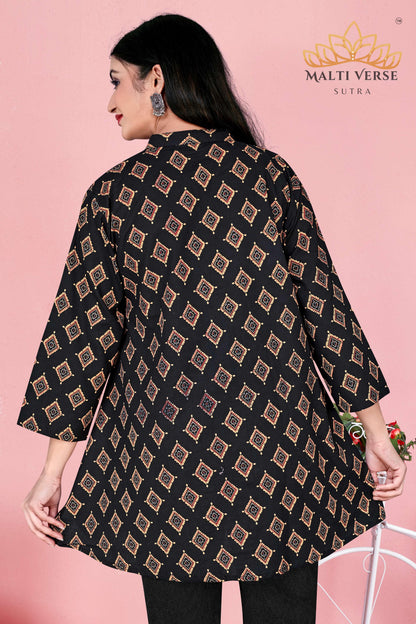 Malti Verse Sutra Women’s Premium Pure Cotton Printed Kurti | Black & Gold Geometric Elegance | Soft & Stylish Everyday Wear