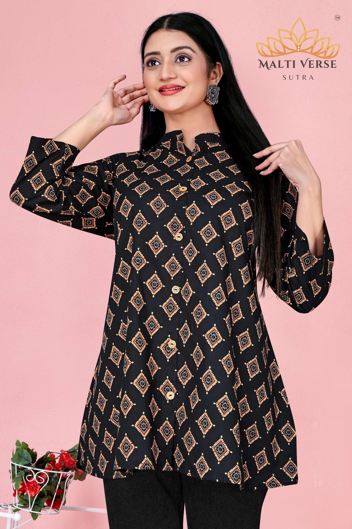 Malti Verse Sutra Women’s Premium Pure Cotton Printed Kurti | Black & Gold Geometric Elegance | Soft & Stylish Everyday Wear