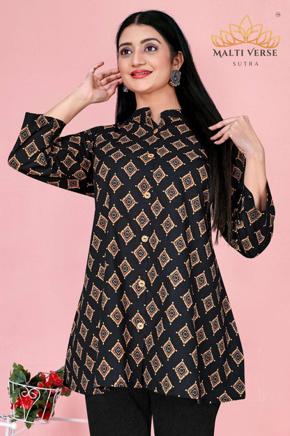 Malti Verse Sutra Women’s Premium Pure Cotton Printed Kurti | Black & Gold Geometric Elegance | Soft & Stylish Everyday Wear