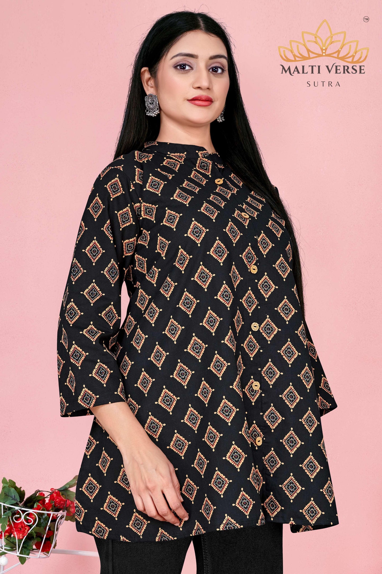 Malti Verse Sutra Women’s Premium Pure Cotton Printed Kurti | Black & Gold Geometric Elegance | Soft & Stylish Everyday Wear