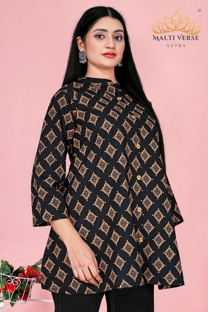 Malti Verse Sutra Women’s Premium Pure Cotton Printed Kurti | Black & Gold Geometric Elegance | Soft & Stylish Everyday Wear