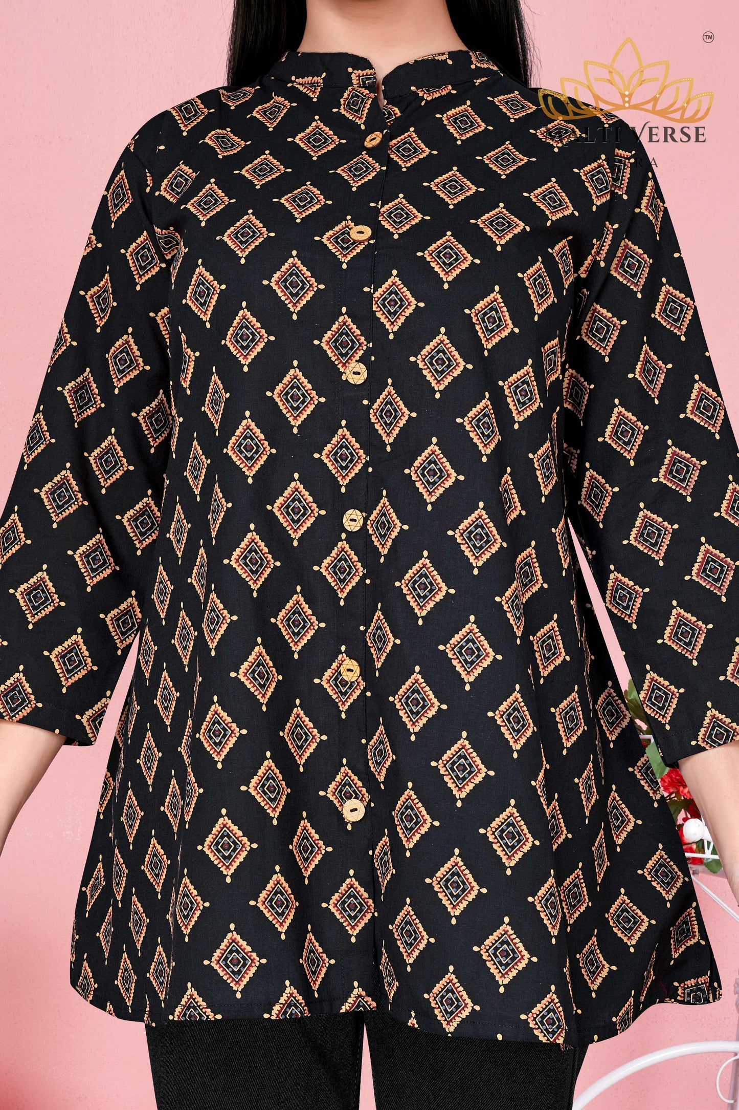 Malti Verse Sutra Women’s Premium Pure Cotton Printed Kurti | Black & Gold Geometric Elegance | Soft & Stylish Everyday Wear