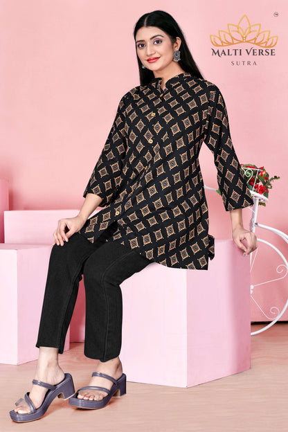 Malti Verse Sutra Women’s Premium Pure Cotton Printed Kurti | Black & Gold Geometric Elegance | Soft & Stylish Everyday Wear