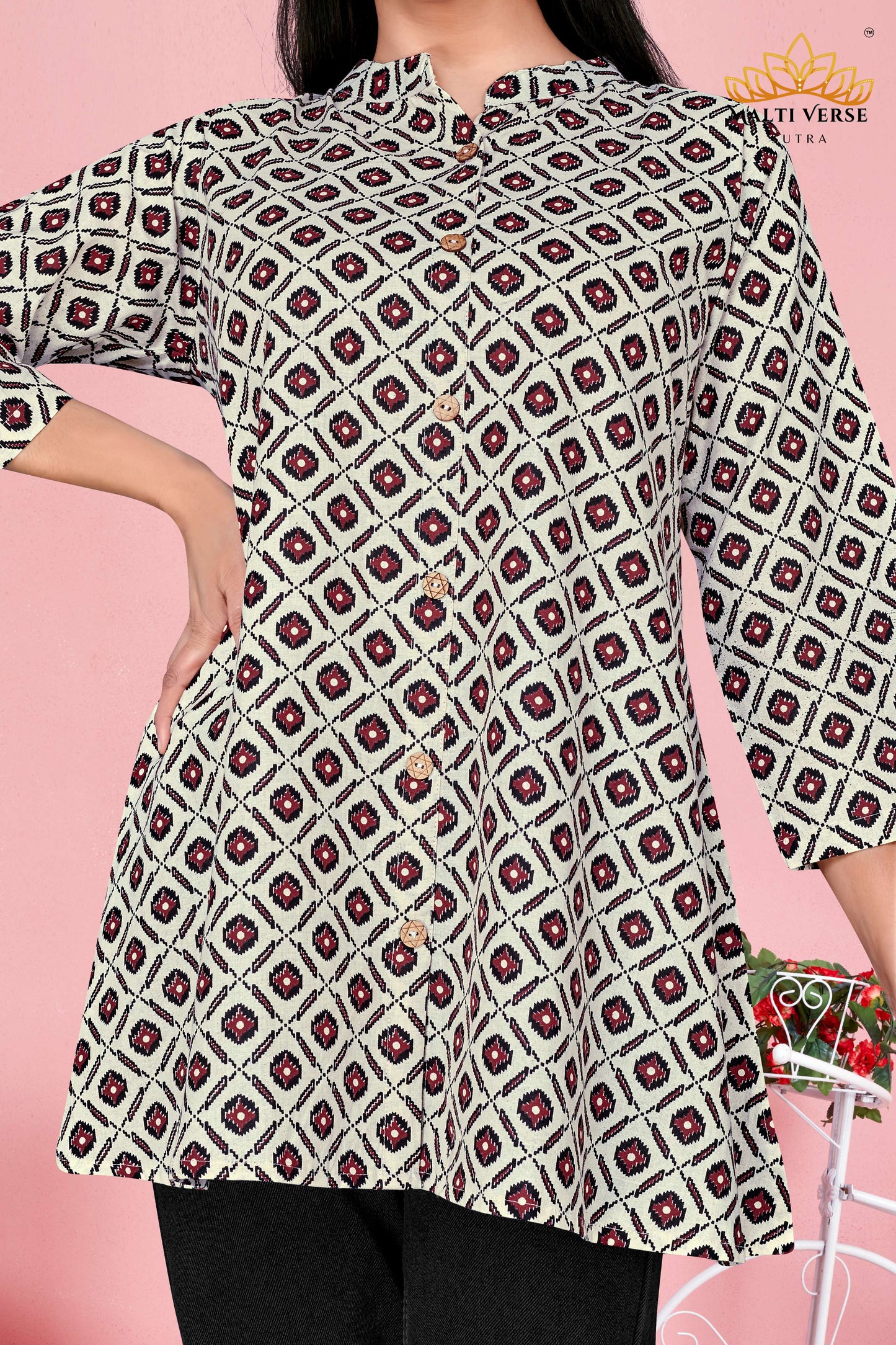 Malti Verse Sutra Women’s Premium Pure Cotton Printed Kurti | Cream & Maroon Geometric Elegance | Stylish & Comfortable Daily Wear