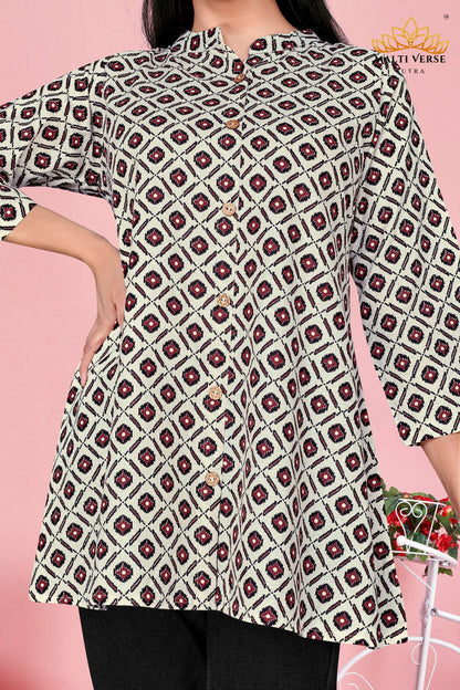 Malti Verse Sutra Women’s Premium Pure Cotton Printed Kurti | Cream & Maroon Geometric Elegance | Stylish & Comfortable Daily Wear