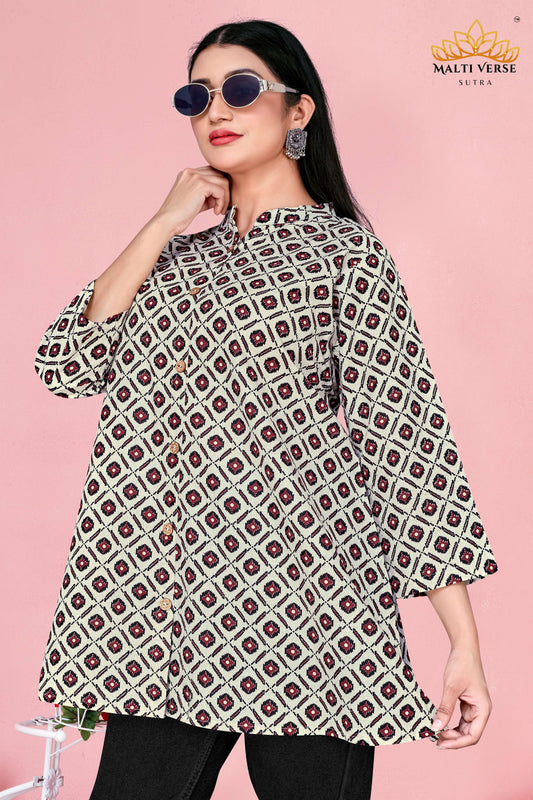 Malti Verse Sutra Women’s Premium Pure Cotton Printed Kurti | Cream & Maroon Geometric Elegance | Stylish & Comfortable Daily Wear