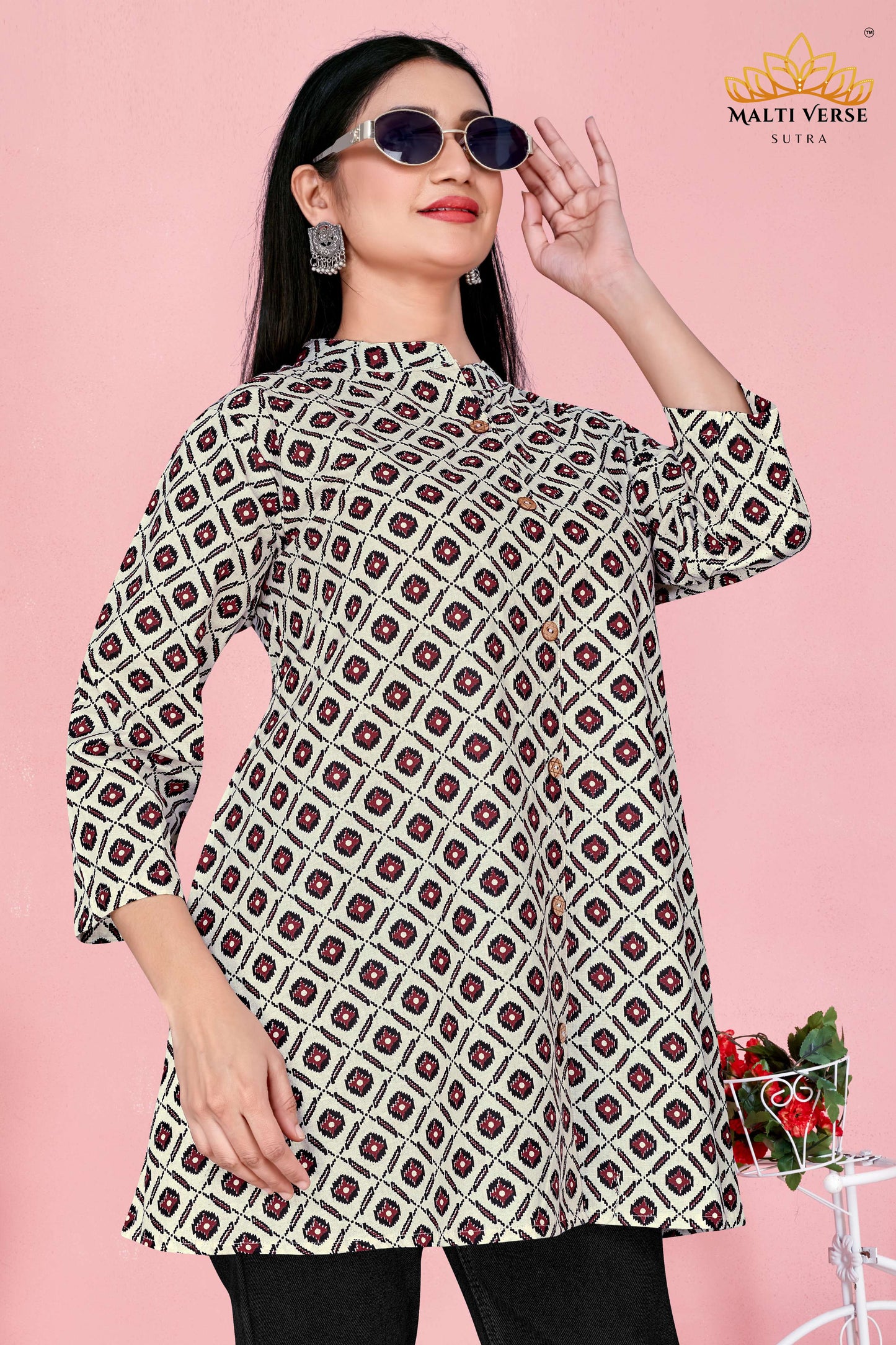 Malti Verse Sutra Women’s Premium Pure Cotton Printed Kurti | Cream & Maroon Geometric Elegance | Stylish & Comfortable Daily Wear