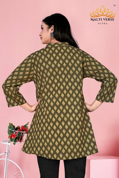 Malti Verse Sutra Women’s Premium 100% PURE COTTON Printed Kurti | Olive Green Floral Elegance | Soft, Stylish & Breathable Daily Wear