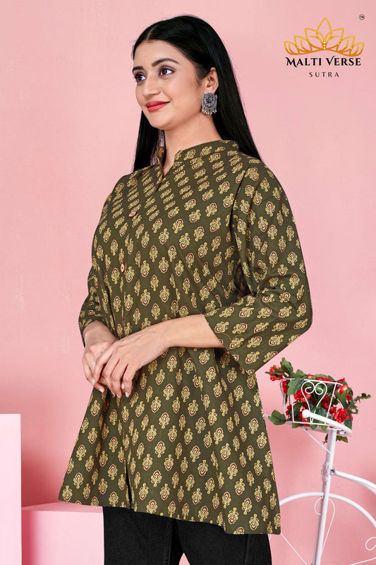 Malti Verse Sutra Women’s Premium 100% PURE COTTON Printed Kurti | Olive Green Floral Elegance | Soft, Stylish & Breathable Daily Wear