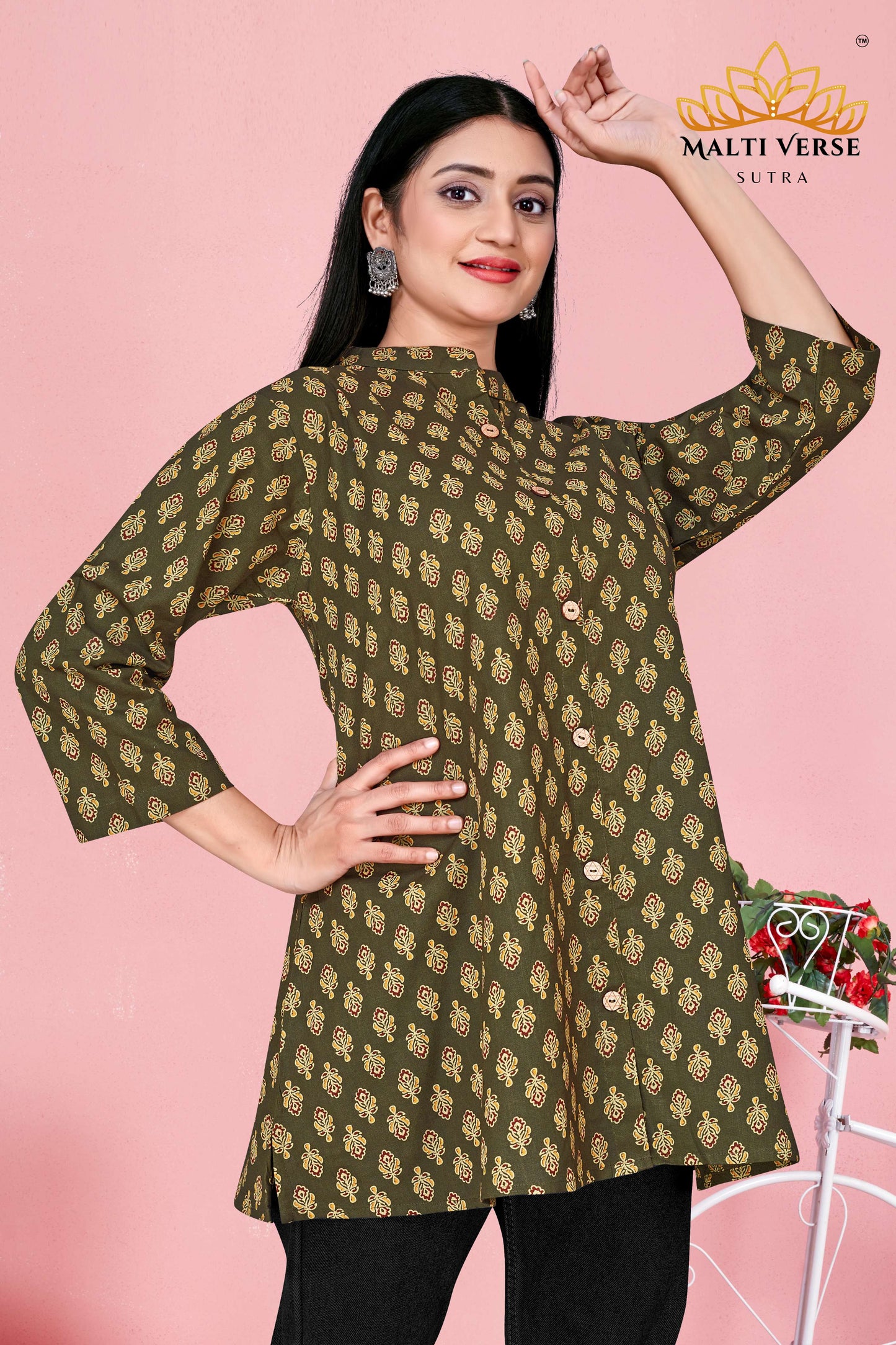 Malti Verse Sutra Women’s Premium 100% PURE COTTON Printed Kurti | Olive Green Floral Elegance | Soft, Stylish & Breathable Daily Wear