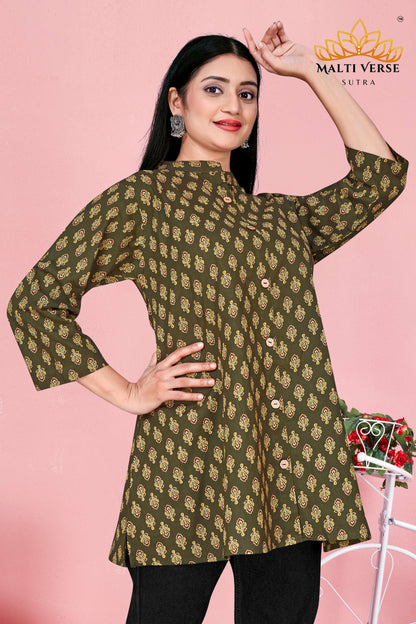 Malti Verse Sutra Women’s Premium 100% PURE COTTON Printed Kurti | Olive Green Floral Elegance | Soft, Stylish & Breathable Daily Wear