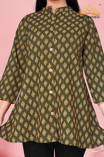 Malti Verse Sutra Women’s Premium 100% PURE COTTON Printed Kurti | Olive Green Floral Elegance | Soft, Stylish & Breathable Daily Wear