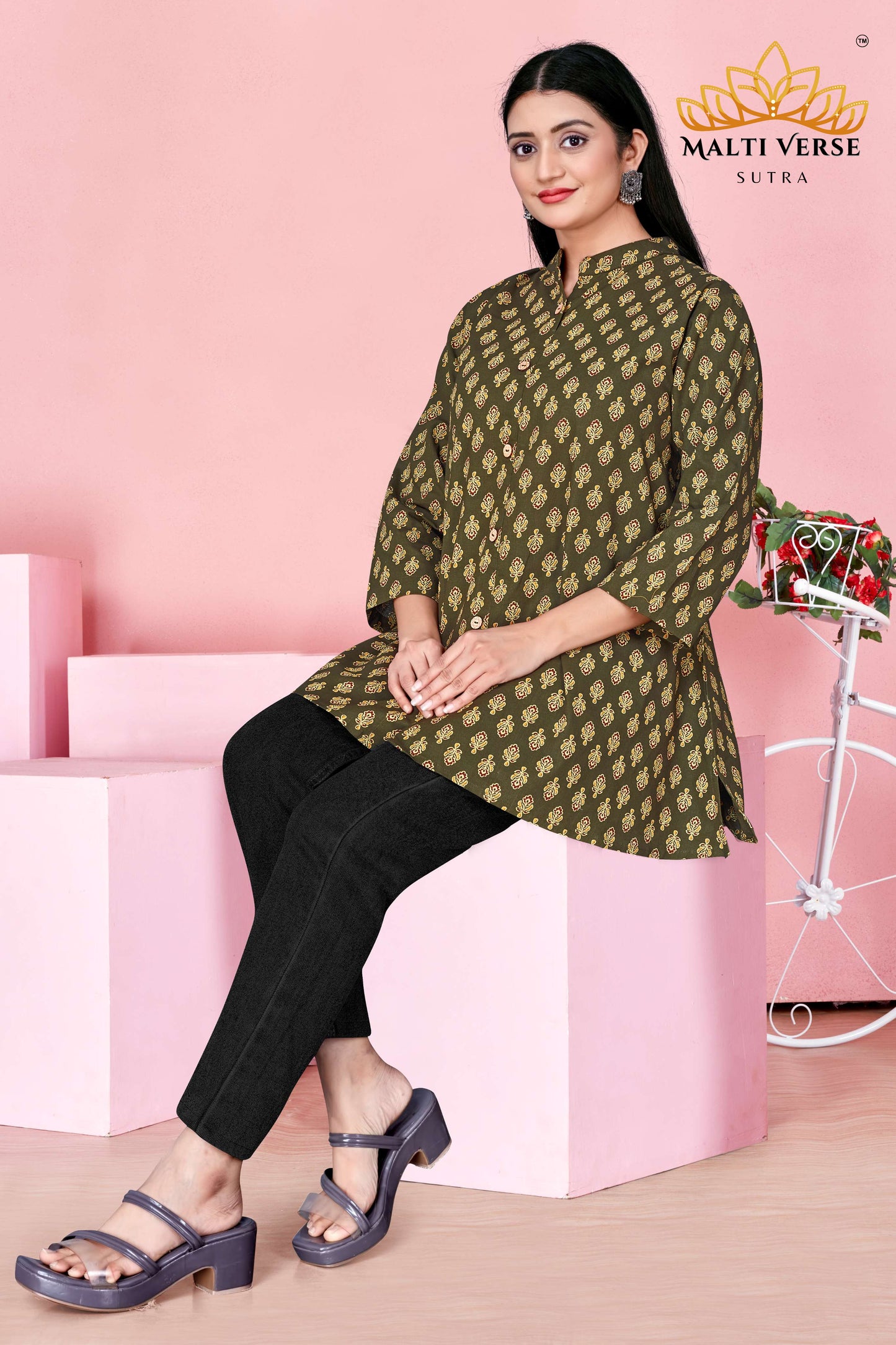 Malti Verse Sutra Women’s Premium 100% PURE COTTON Printed Kurti | Olive Green Floral Elegance | Soft, Stylish & Breathable Daily Wear