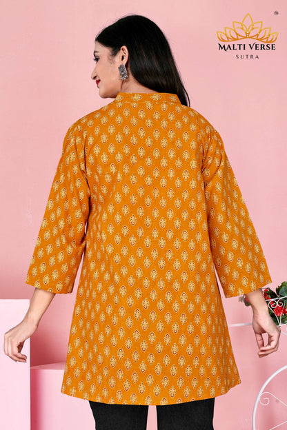 Malti Verse Sutra Women’s Premium 100% PURE COTTON Mustard Yellow Printed Kurti | Elegant Floral Design | Soft, Breathable & Stylish Everyday Wear