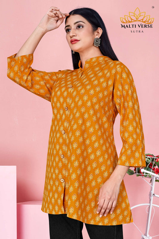 Malti Verse Sutra Women’s Premium 100% PURE COTTON Mustard Yellow Printed Kurti | Elegant Floral Design | Soft, Breathable & Stylish Everyday Wear