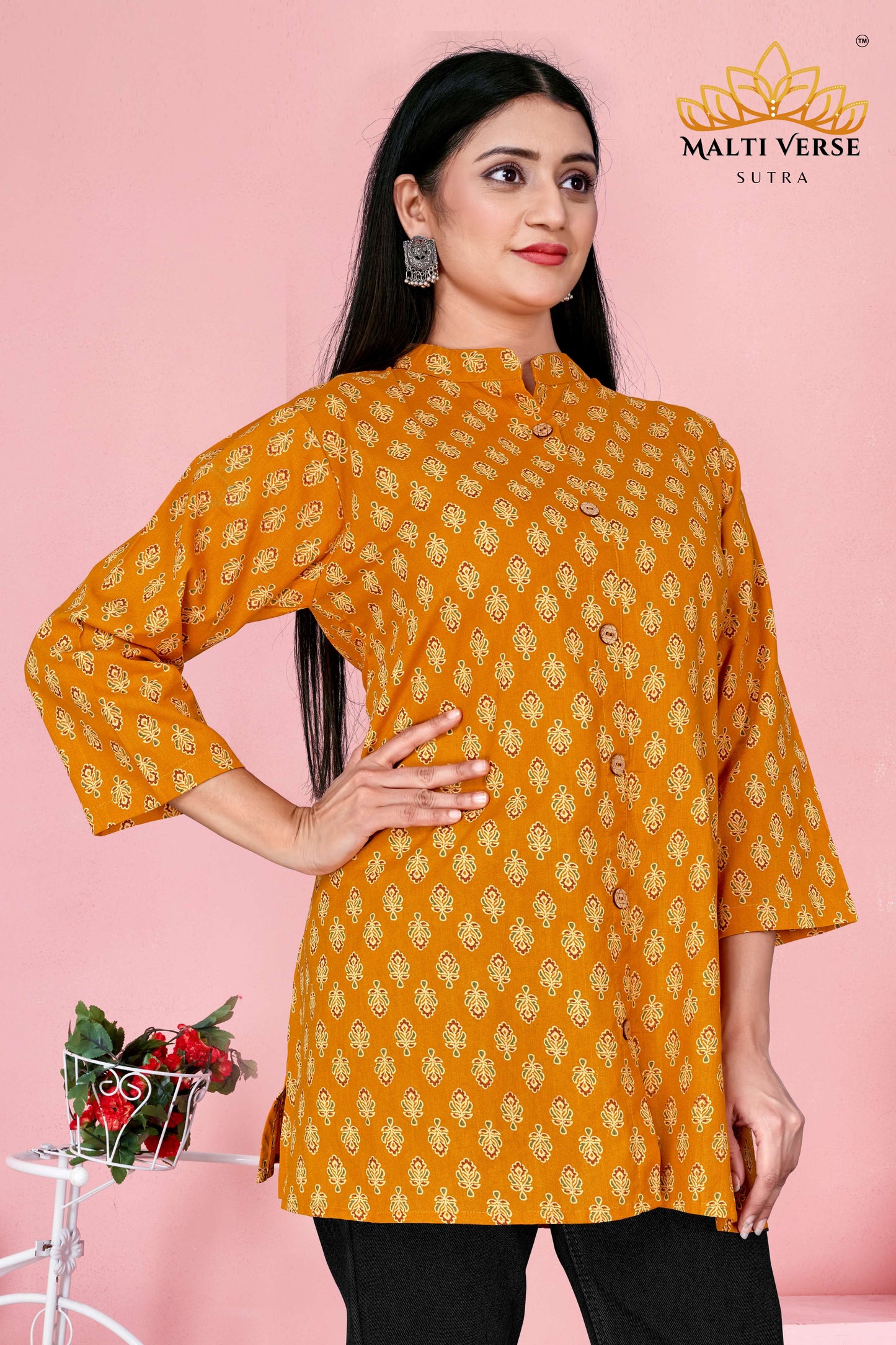 Malti Verse Sutra Women’s Premium 100% PURE COTTON Mustard Yellow Printed Kurti | Elegant Floral Design | Soft, Breathable & Stylish Everyday Wear