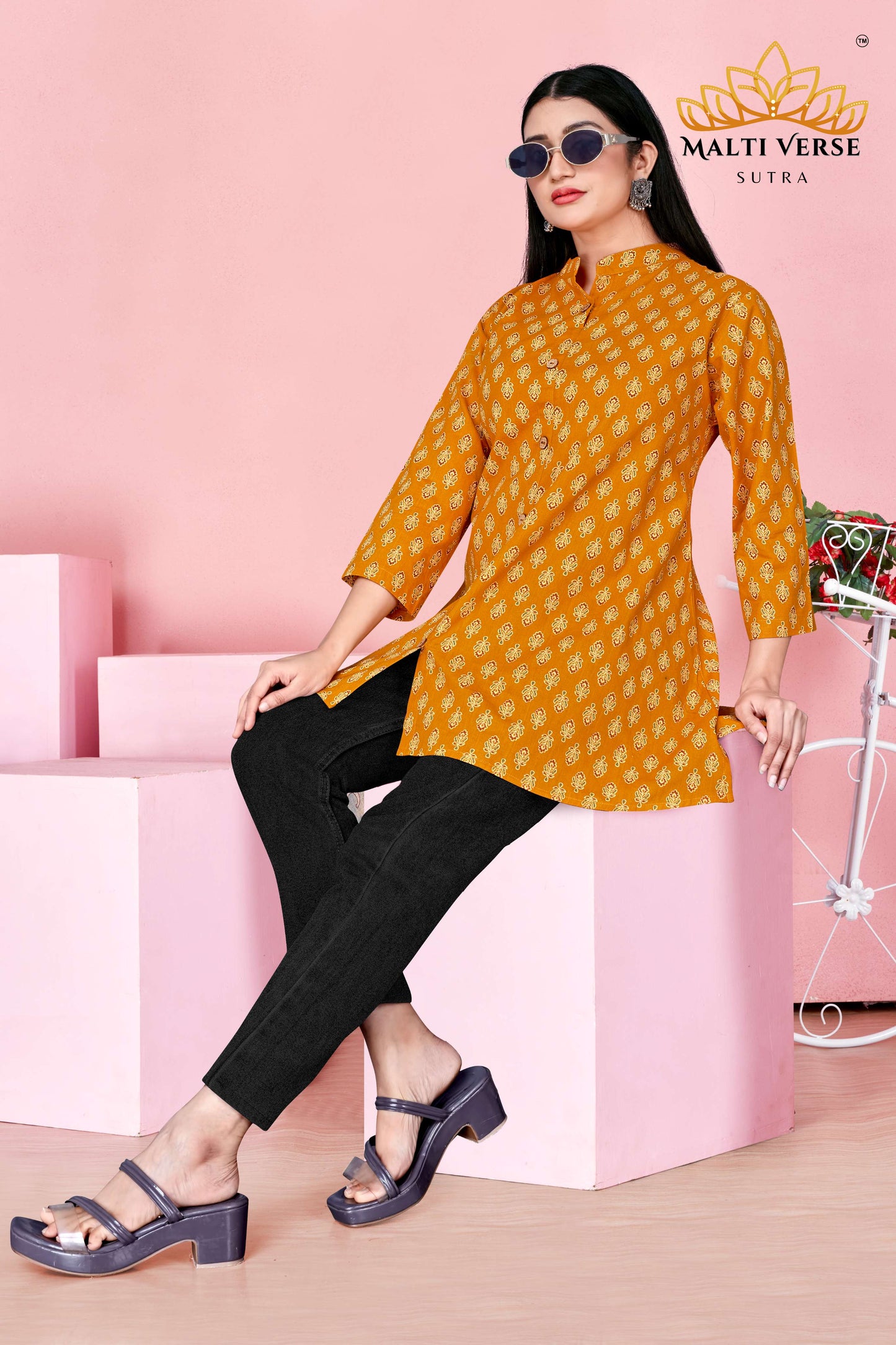 Malti Verse Sutra Women’s Premium 100% PURE COTTON Mustard Yellow Printed Kurti | Elegant Floral Design | Soft, Breathable & Stylish Everyday Wear