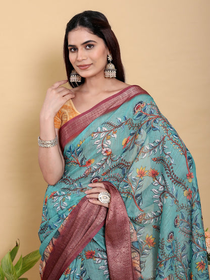 Teal Blue Printed Saree with Traditional Motifs and Zari Border