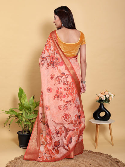 Peach/Orange Floral Printed Saree with Zari Borde