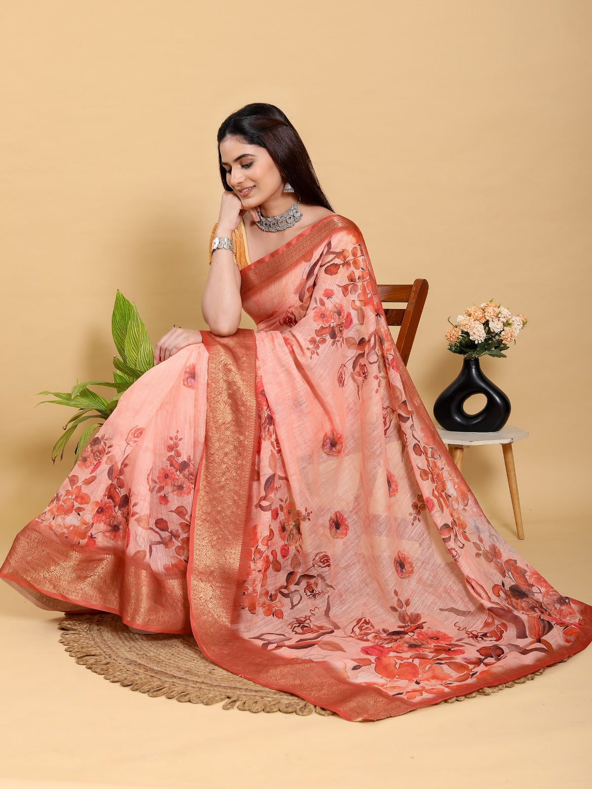 Peach/Orange Floral Printed Saree with Zari Borde