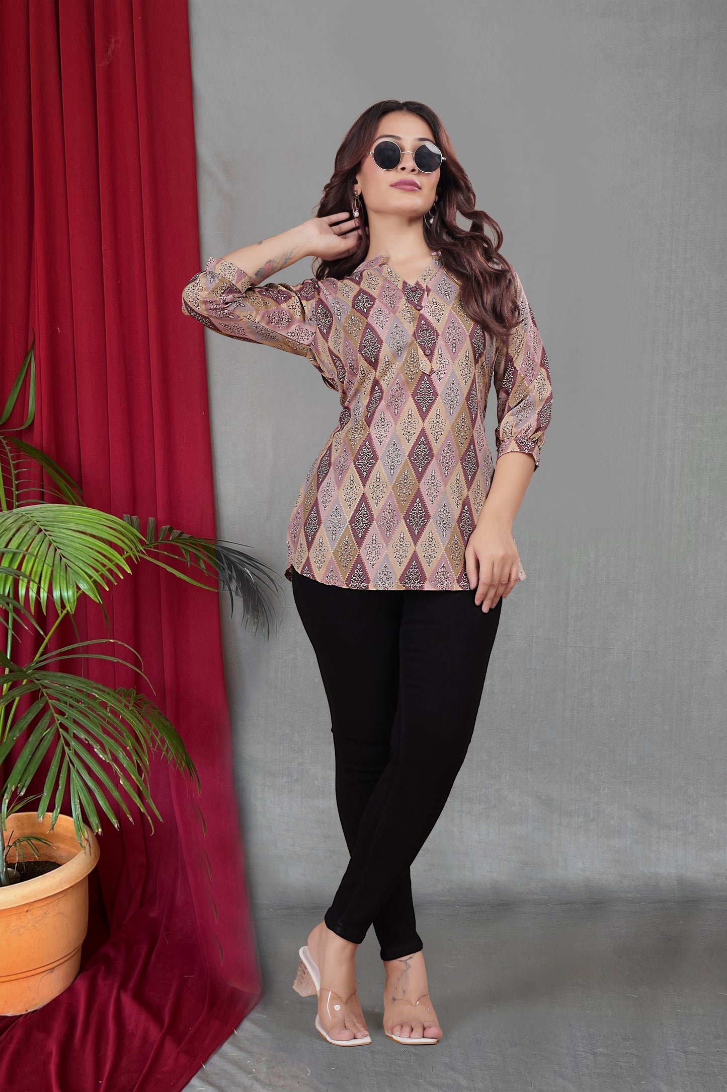 Trendy Printed V-Neck Tunic Top