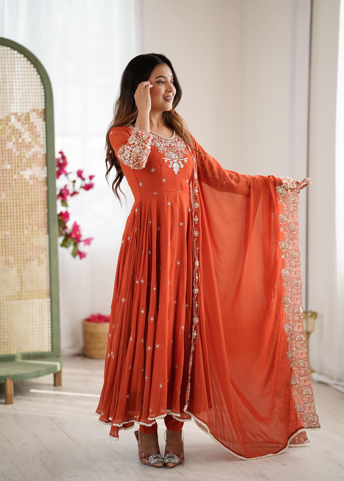 Elegant Embroidered Rembo Sequence Designer Anarkali Three Piece Set"