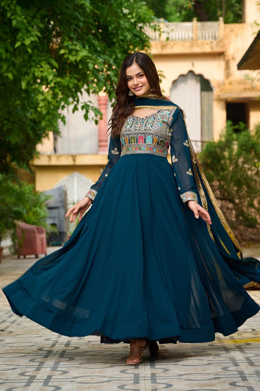 Teal Blue Flared Anarkali Gown with Embroidered Yoke