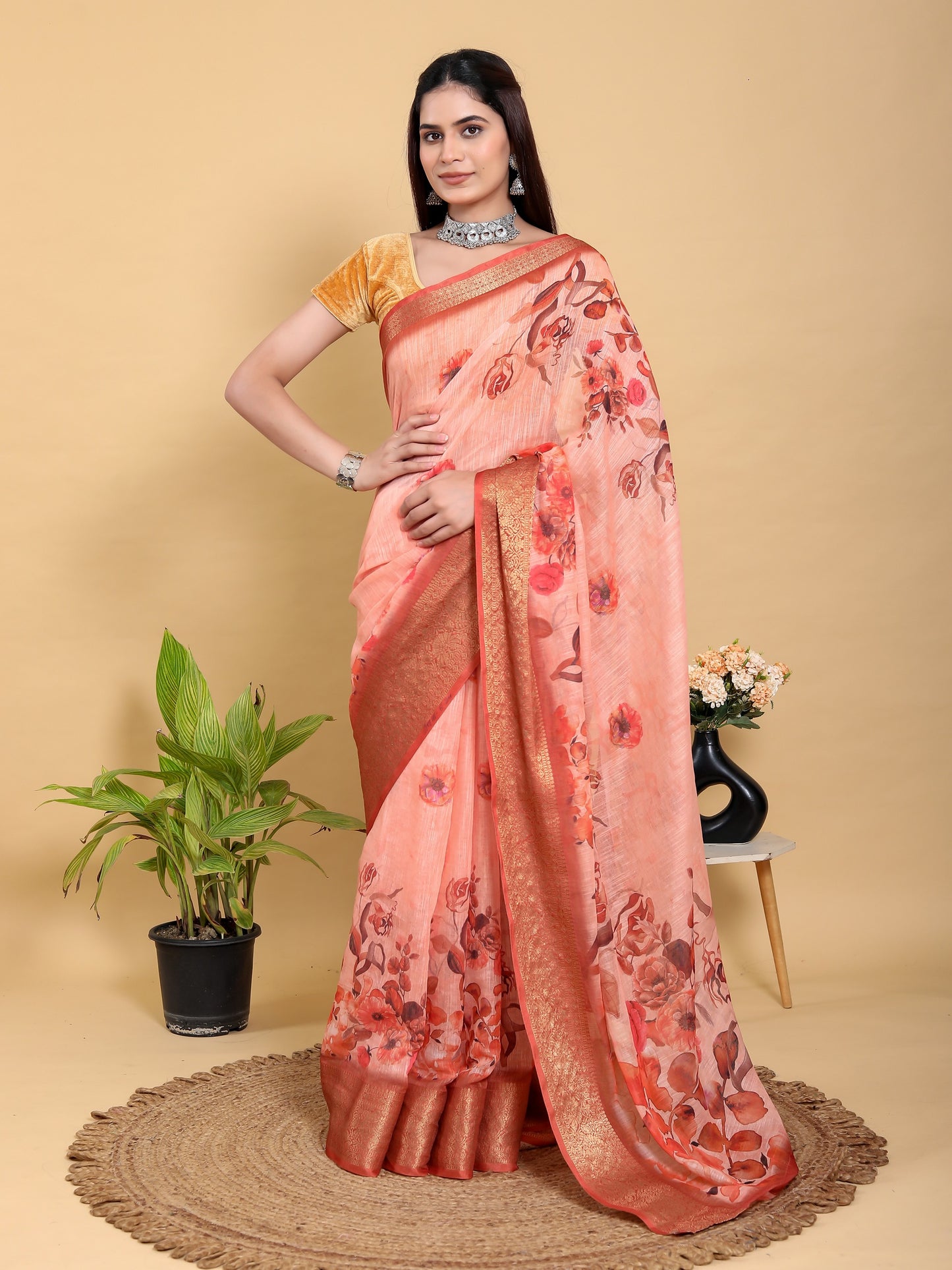 Peach/Orange Floral Printed Saree with Zari Borde