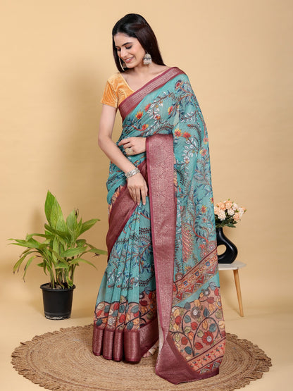 Teal Blue Printed Saree with Traditional Motifs and Zari Border