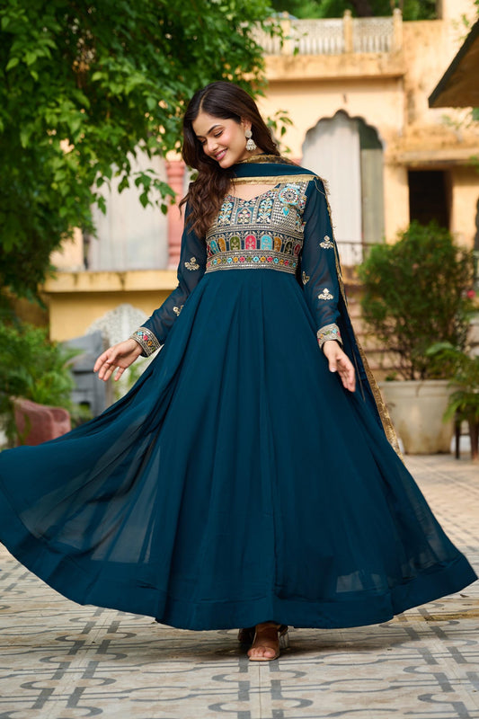 Teal Blue Flared Anarkali Gown with Embroidered Yoke